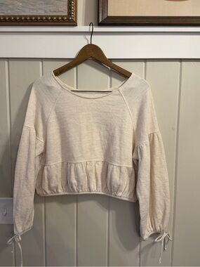 Women’s aerie Cream Peplum Pullover Sweatshirt with Tie Cuffs, Size Small